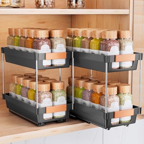 Delamu 2 Pack Pull Out Spice Rack Organizer for Cabinet, 2 Tier Slide Out Spice Organization, Vertical Spice Organizer, Cabinet Size Need:12.5'' High x 11'' Deep x 5.5'' Wide(Not for Cabinet with Lip)