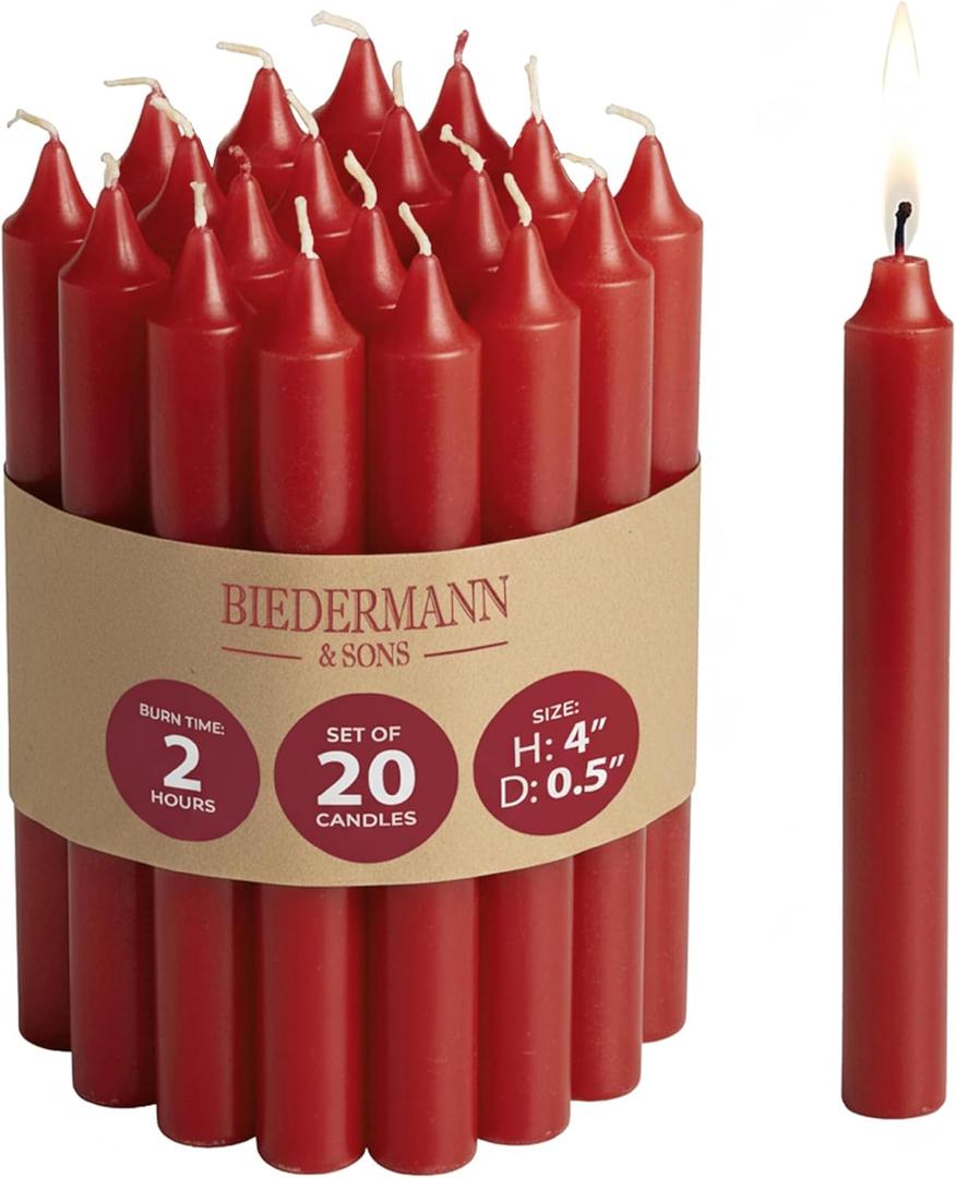 Biedermann & Sons Red Chime Candles (Set of 20), Unscented Tree and Chime Tapers, 4 Inch Tall 0.5 Inch Diameter, 2 Hour Long Burning Dripless Paraffin, for Angel Chime Carousels and Holders