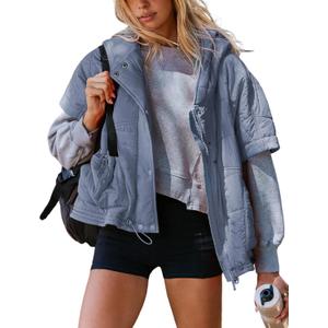 Zhiyouni Women's Quilted Puffer Vest Casual Hooded Short Sleeves Padded Jacket Poncho Outerwear (X-Large, Blue grey)