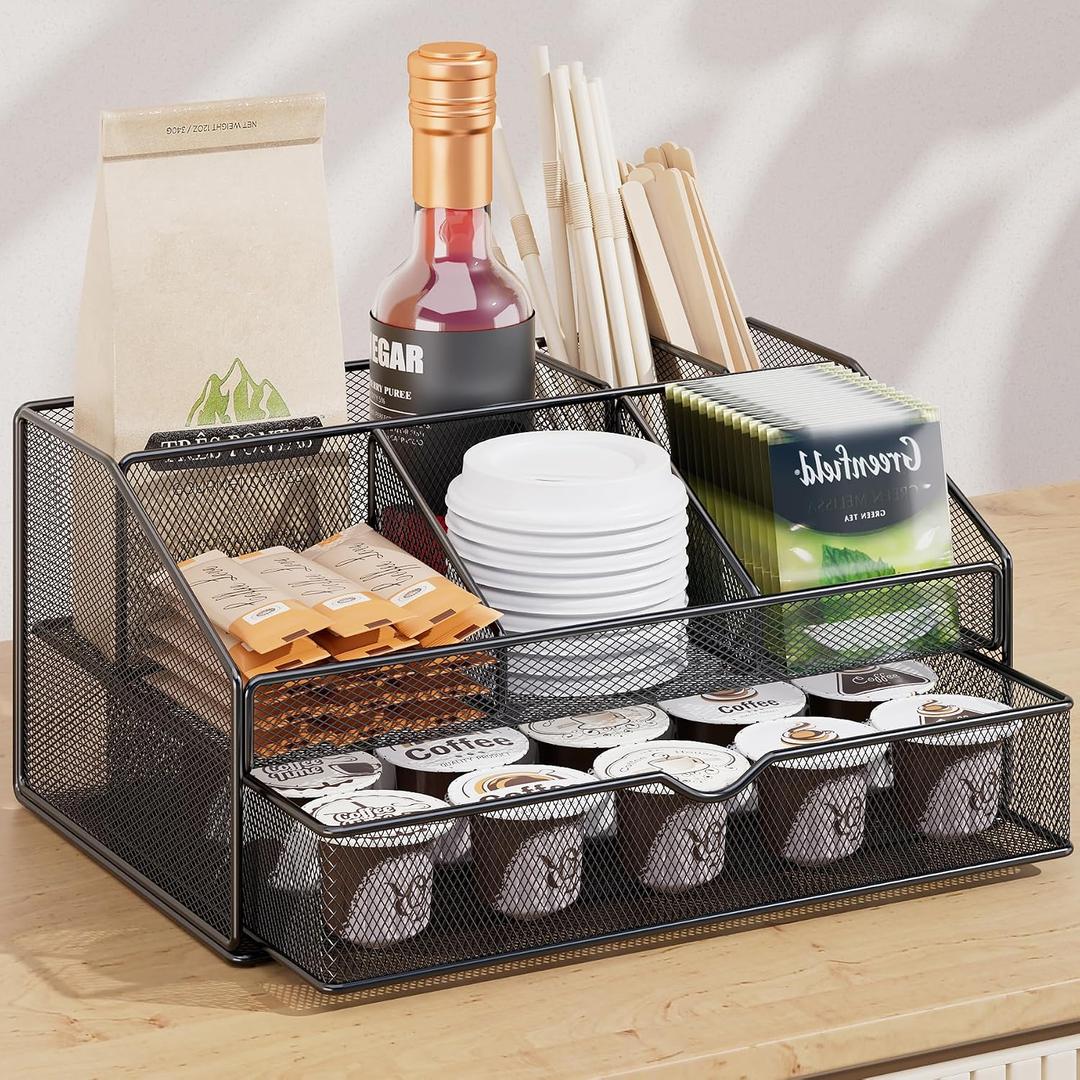 VITVITI Coffee Station Organizer for Countertop, Metal Coffee Bar Organizer Basket with Drawer, 6 Compartments Bar Station Holder for Pods Tea Bag, Black