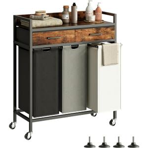 Laundry Sorter 3 Section Laundry Hamper with Shelf, Durable 3 Section Laundry Basket with Rolling Wheels & Storage Drawers, 3 x 13.26 Gallons (50L), Rustic Brown PF09XLN