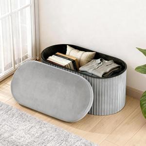 GLAXYFUR Oval Folding Storage Ottoman, Velvet Upholstered Foot Rest, 30 x 15 x 15 Inches Storage Bench for Bedroom, Living Room & Entryway (Grey-New)