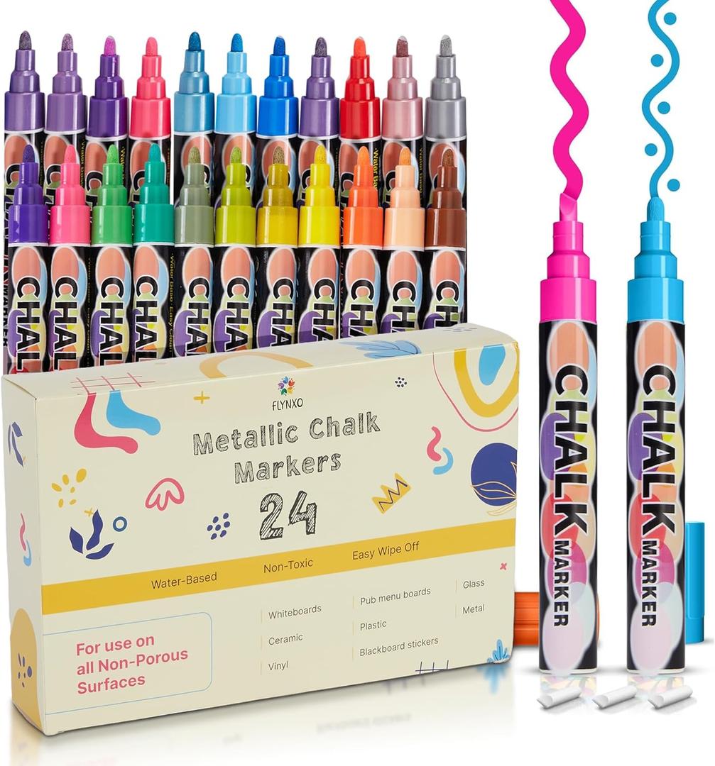 Chalk Markers 24 Pack, 6 mm Reversible Bullet & Chisel Tip, Liquid Chalk Pens for Glass, Windows & Chalkboards,19 Vibrant + 5 Metallic Colors, Wet Erase, Low Odor, Non Toxic Art Markers