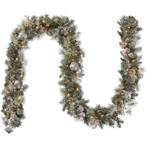 National Tree Company Pre-Lit Artificial Christmas Garland, Green, Pomegranate Pine, White Lights, Decorated With Ball Ornaments, Berry Clusters, Plug In, Christmas Collection, 9 Feet