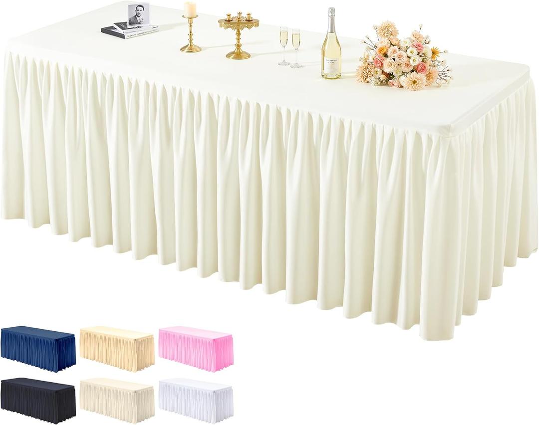 PARTISKY 1 Pack Ivory Tablecloths for Rectangle Tables 4ft, Wrinkle Resistant Spandex Table Cover Fitted Stretch Table Cloth with Pleated Ruffle Skirts for Party Banquet Dining Birthday Wedding Ivory, 48" x 24" (Rectangular)