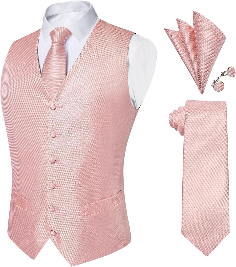 DiBanGu Mens Paisley Suit Waistcoat Silk Dress Vest and Necktie Pocket Square Cufflinks for Wedding Party (Medium, 21-blush Pink)