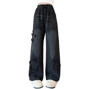 Kids Girls Jeans Washed Elastic Waist Baggy Wide Leg Jeans Size 4-14 Years (5-6 Years, Black Start)