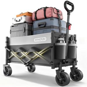 SYNCFUN Collapsible Wagon Cart Foldable 300lbs, Portable Rolling Shopping Carts with Wheels, All Terrain Folding Sport Beach Wagons, Heavy Duty Garden Utility Cart for Groceries Fishing, Black