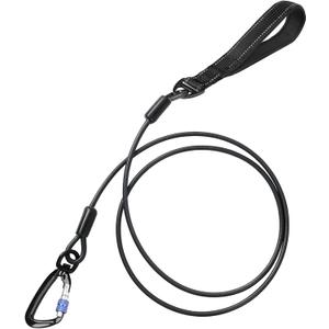 Chew Proof Dog Leash for Medium and Large Dogs, Heavy Duty Metal Cable for Dogs up to 500Lbs, 6 Foot Waterproof Wire Rope with Reflective Comfortable Padded Handle, Black