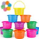 12 Pack Easter Baskets for Kids, Plastic Easter Bags with Handles, Easter Bucket Bags Filled with Grass for Easter Egg Hunt, Perfect Theme Party Favors