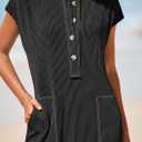 KIRUNDO Womens Summer Dresses 2026 Spring Ribbed Knit Henley Short Sleeve Maxi Dress Button Up Loose Beach Vacation Sundress (Black, M)