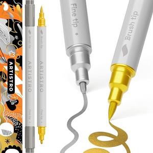 ARTISTRO 2 Silver&Gold Dual-Tip Acrylic Paint Pens - Multisurface Markers for Fabric, Plastic, & More, 1 mm Fine & Brush Tips