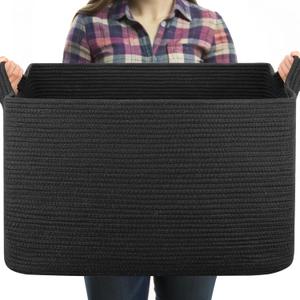 95L Large Blanket Basket, Black Blanket Storage Living Room, Rectangle Woven Baskets for Storage Toys, Towels, Dirty Clothes Organizer Bins (Black) (24"x16.9"x14.2")