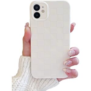 Compatible with iPhone 12 Case,Cute Checkerboard Checkered Cream Silicone Pattern for Women Girl Trendy Slim Fit,TPU Silicone Shockproof Full Camera Protection Cover-White