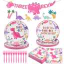 124 Pcs Three Rex Birthday Decorations Dinosaur 3rd Birthday Party Tableware Pastel Three Rex Party Supplies, Dino Disposable Paper Plate, Napkin, Banner, Serves 24(Girls Style)