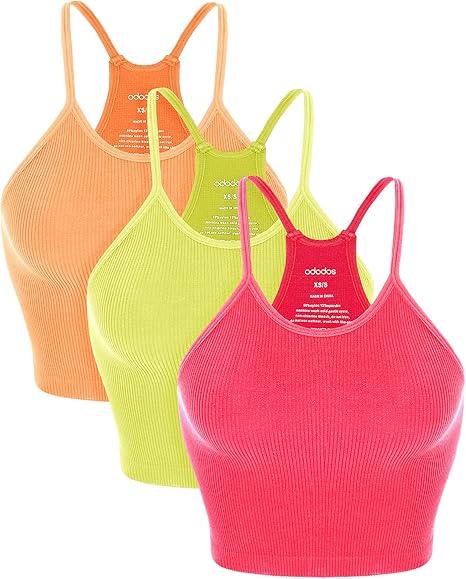 ODODOS Women's Crop 3-Pack Seamless Rib-Knit Camisole Crop Tank Tops M/L
