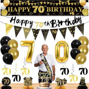 27pcs 70th Birthday Decorations for Men, Black Gold 70th Party Decorations, Happy 70th Birthday Banner Honeycomb Table Hanging Swirls Cake Topper and Balloons, 70 years old birthday decorations