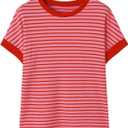 SweatyRocks Women's Going Out Tops Striped Print Short Sleeve Knit Casual Round Neck T-Shirt (Medium, Pink)
