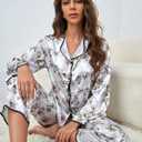 WDIRARA Women's Satin 2 Piece Pajama Sets Long Sleeve Pants Button Down Sleepwear (S)