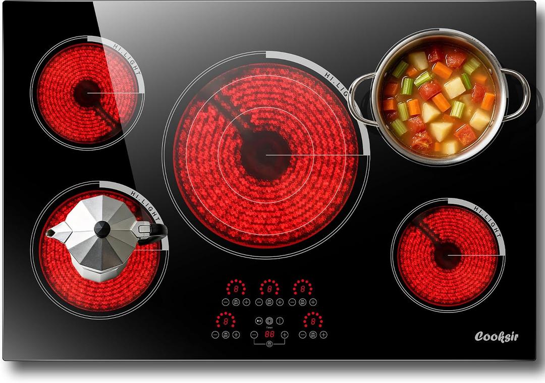 30 Inch Electric Cooktop 9000W High Power, 240V Hard Wired | 30 Inches 5 Burners Ceramic Stove with Large Tripple Ring, Timer, Safety Lock, Cut-out Size: 29.13" x 19.29", Built-in