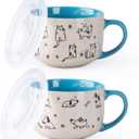 AmorArc 32 Ounces Ceramic Soup Mugs with Lids and Handle, Stoneware Bowls Cup Set of 2 for Soup, Stew, Noodle, Beautiful Mug Bowls With Lovely Dog,Cat Patterns, Microwave&Dishwasher Safe, Blue