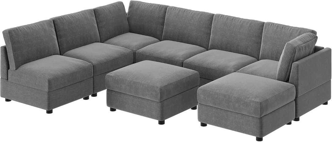 GarveeHome 138" Modular Sectional Sofa, 8 Seater Sectional Couch, U Shaped Sofa with Ottoman, Oversized Convertible Modular Couch for Living Room Apartment Office, Chenille Grey