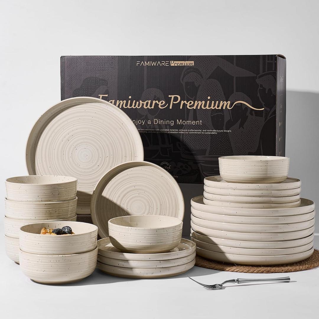 24-Piece Stoneware Reactive Glaze Dinnerware Set, Flared Plates & Bowls with Speckles & Spirals, Chip & Scratch Resistant Dishes, Dishwasher Safe, Service for 8, Gift Box, Shell Beige