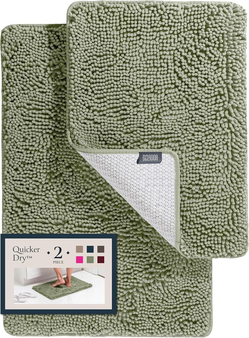 BELADOR Bathroom Rugs Sets 2 Piece- Plush Bath Mat Set Quick-Dry Soft Chenille Bathroom Mat with Rubber Backing, Absorbent Bathroom Rug Set, Washable Bath Rugs for - Bath Mats 24x17 + 30x20 (2 Piece Set | 24x17 + 30x20, 02 Tea Green)