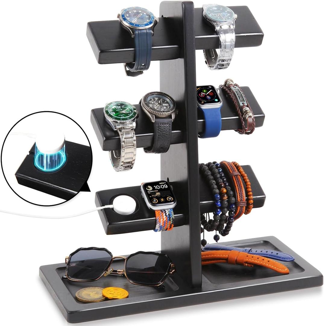 Watch Stand for Men, Watch Display Stand with Charger Groove, Wooden Watch Holder Stand, Jewelry Holder Organizer for Rings, Jewelry, Coins Bracelets, Great Gifts for Men Women, Black