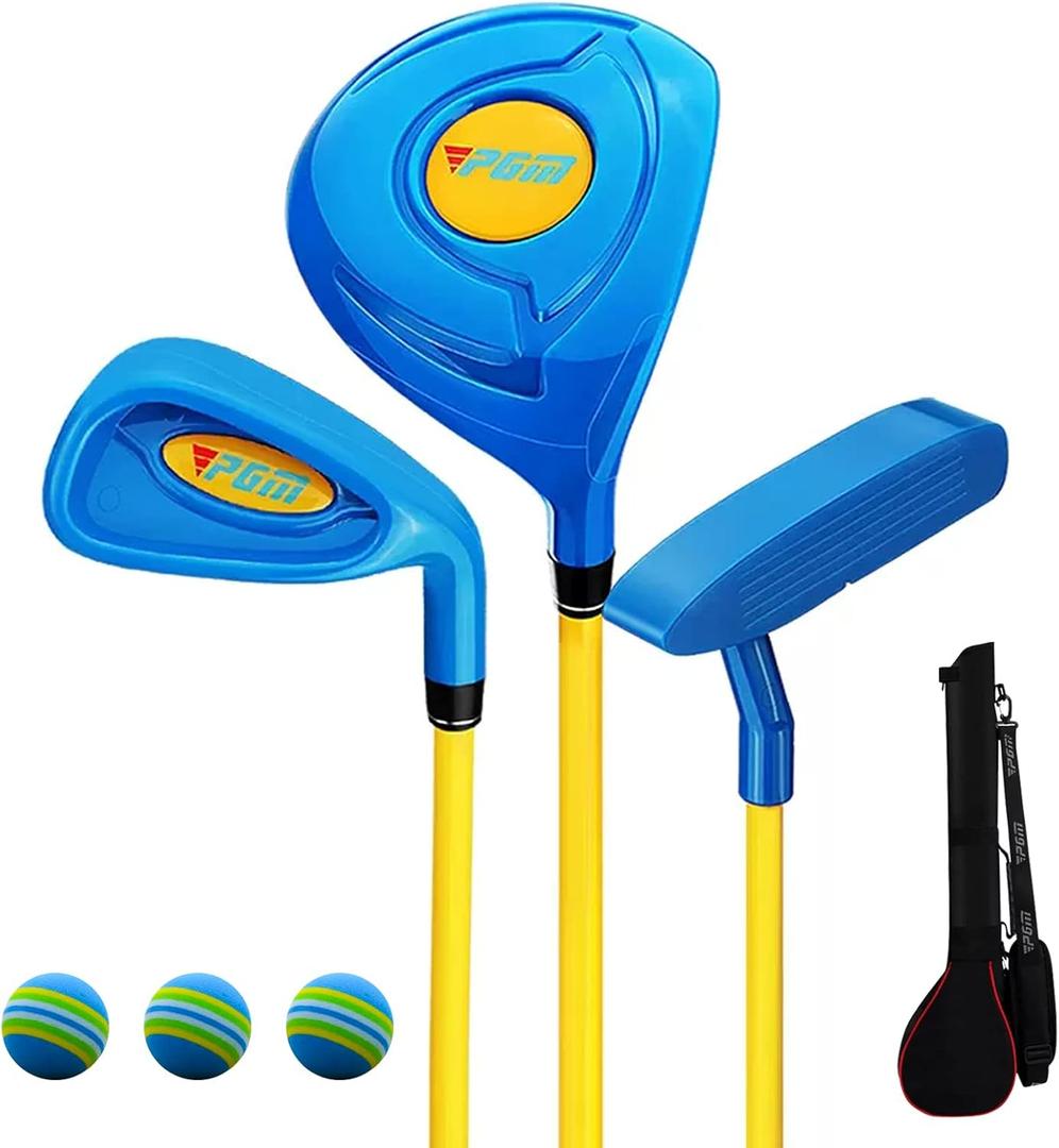 PGM Children's Golf Club Set - Can Hit Real Balls, 3 Pieces Clubs Includes Wood, Iron, and Putter, Great for Beginner Boys and Girls, Instructional Training Set (2-3 years, Blue)