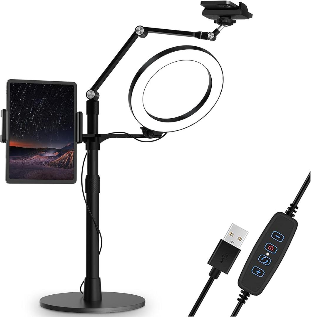 SupeDesk Selfie Ring Light Phone Tablet Stand, 8" LED, 3-in-1, Overhead Phone Stand, Compatible with 4.5-13" Phone&Tablet, Adjustable Long Arm, YouTube/Tiktok Video, Zoom, Live Stream