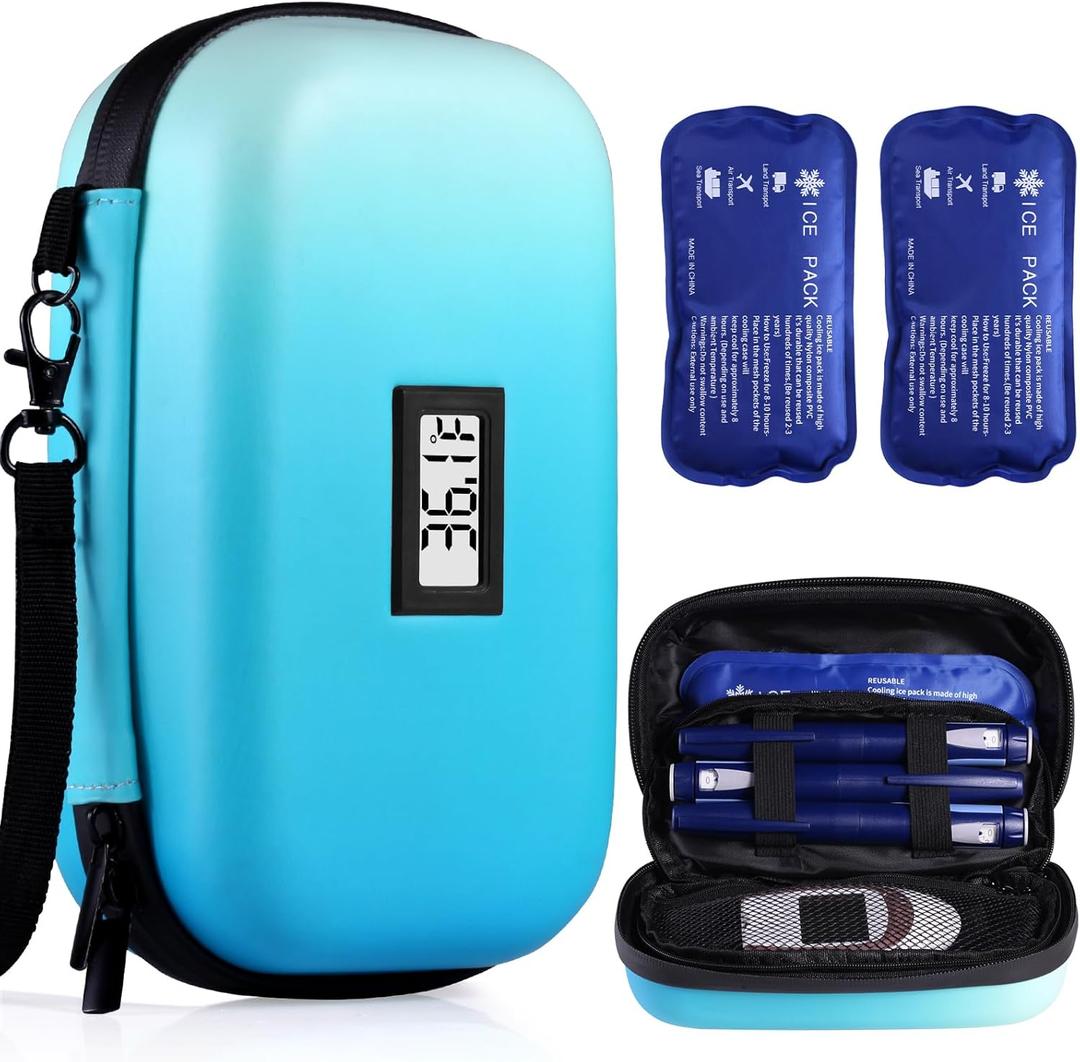 Medicine Cooler for Travel TSA Approved with Temperature Display - Refrigerated Medication Cooler Case for Travel with 2 Ice Pack (Medium, Medium-mix blue)