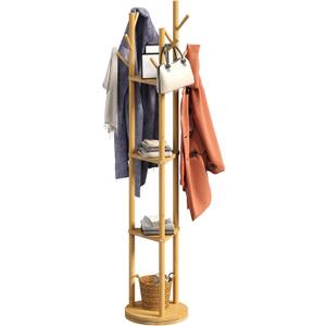 Rotating Coat Rack, Freestanding Coat Rack with 3 Shelves and 9 Hooks Clothes Organizer Coat tree for Bedroom, Entryway, Livingroom (Natural)