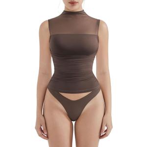 SUUKSESS Women Sexy Mesh Sheer Crop Tank Tops Sleeveless Ruched Going Out Tops (Brown, M)