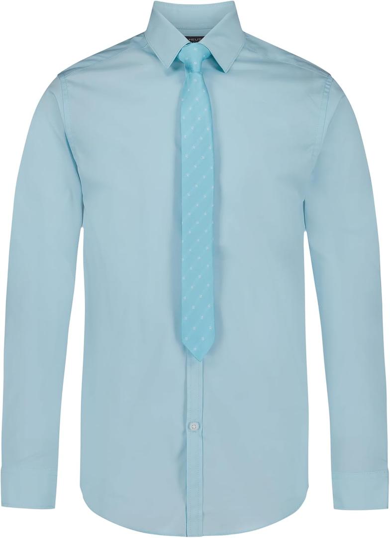 Van Heusen Boys' Long Sleeve Collared Button-down Dress Shirt and Tie Set (Blue, XL)