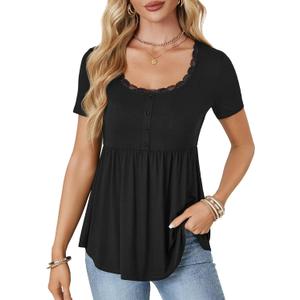 Rooscier Women's Scoop Neck Short Sleeve Tunic Flowy Babydoll Blouse Casual Peplum Top, Large
