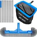 Pool Cleaning Kit Full Set - 17.5'' Self-Repair Pool Nylon Net Fine Mesh & 17.5'' Detachable Rounded End Pool Brush & 10 Ft Pool Pole, for Above Ground In-ground Pools, Spas, Hot Tubs