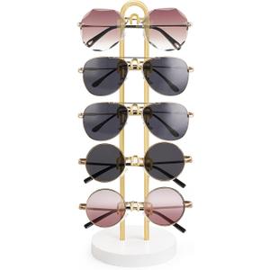 Mkono Sunglasses Organizer Glasses Holder Stand Sunglass Storage Eyeglasses Rack Metal Frame with Wood Base for 5 Pairs of Eyewear Display for Table Desk Countertop Dresser Bedroom, Set of 1, Gold