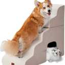 Beige Curved Dog Stairs Ramp for High Beds 28.7" H, 5-Step Dog Steps for Small Dogs and Cats, Pet Stairs for High Bed Climbing, Non-Slip Balanced Pet Step