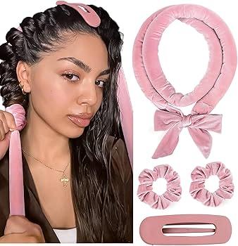 Fvbber Heatless Hair Curler Set, Hair Rollers for Women Overnight Curls, No Heat Sleeping Curlers with Soft Ribbon Wrap, 2 Scrunchies & Clip, Curling Rod Headband for Long/Medium(Pink)