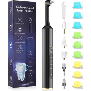 Rechargeable Tooth Polisher with 5 Brush Heads 9 Polish Pastes 4 Speed Modes IPX6 Teeth Cleaning Kit LED Light Dental Cleaning Kit for Home Use Polishing and Whitening of Tooth