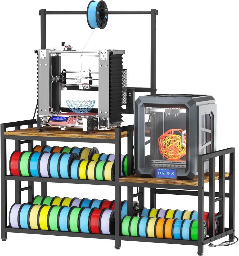 3D Printer Table with Filament Storage Printer Stand with Power Outlet, Heavy Duty 3D Printer Storage rack for ABS, PLA, TPU Filament Spools, Home Offices and Studios Retro Brown