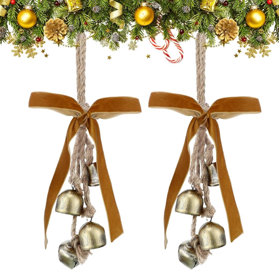 2 Pcs Rustic Christmas Bells with Neutral Velvet Ribbon Bows Christmas Metal Bells Hanging Ornament Xmas Tree Wall Door Wreath Decoration for Rustic Farmhouse Holiday Decoration