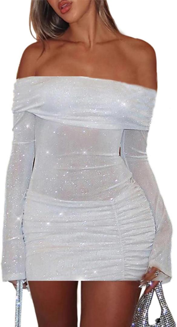 Women Sexy Off Shoulder Bodycon Mini Dress Mesh Sheer Ruched Sparkly Flared Long Sleeve Y2K Dress Club Night Out Dresses (White, XS)