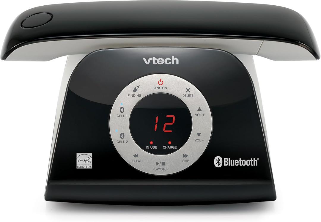 VTech VS122 DECT 6.0 Retro Design Cordless Phone with Answering System, Smart Call Blocker and Bluetooth Connect to Cell FullDuplex Speakerphone Landline Phone for Home Office - Black