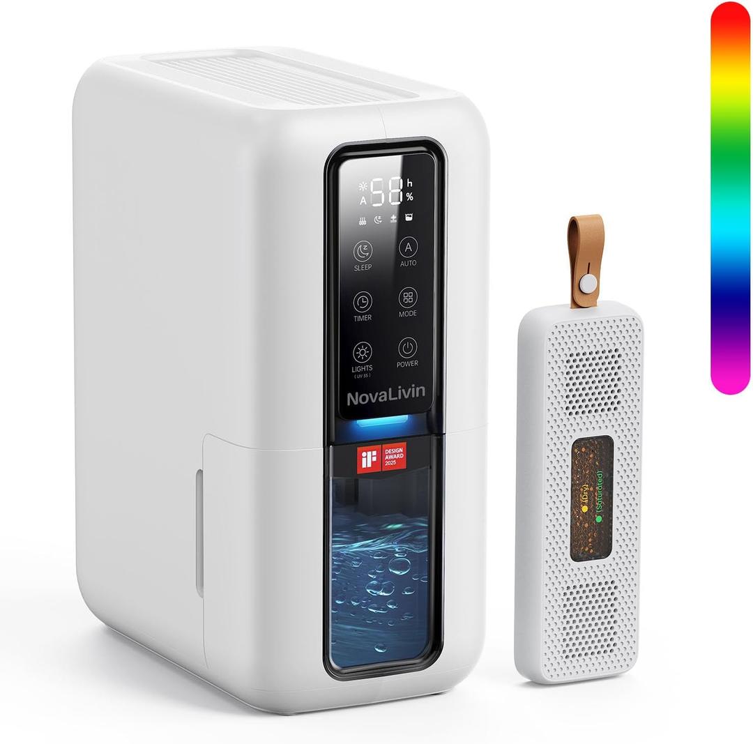 Dehumidifier for Home, Dehumidifiers for Bathroom, Bedroom, Living room, Closet with 68 OZ Water Tank, Moisture Absorbers, Auto Shut Off, Auto Humidity Control, 7 Colors LED Light, White