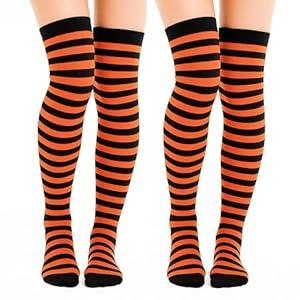 Lusofie 2 Pairs Halloween Striped Thigh High Socks Orange and Black Striped Stockings Over Knee Thigh High Stockings for Christmas Cosplay Partie (Orange and Black)