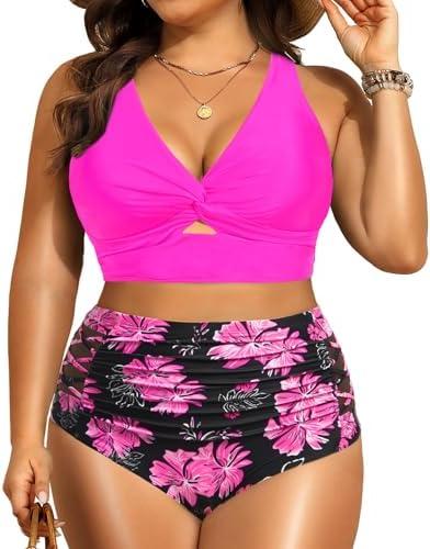 Women's Plus Size Two Piece Swimsuits - High Waisted Bikini Tummy Control Bathing Suits 2025 Twist Knot Swimwear, 18 W