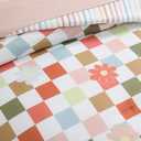 AMBERSPACE Queen Comforter Set for Girls, Colorful Checkered Bedding Set with Cute Floral, All Season Plaid Kids Bed in a Bag 7 Pieces with Sheets, Pillowcases & Shams