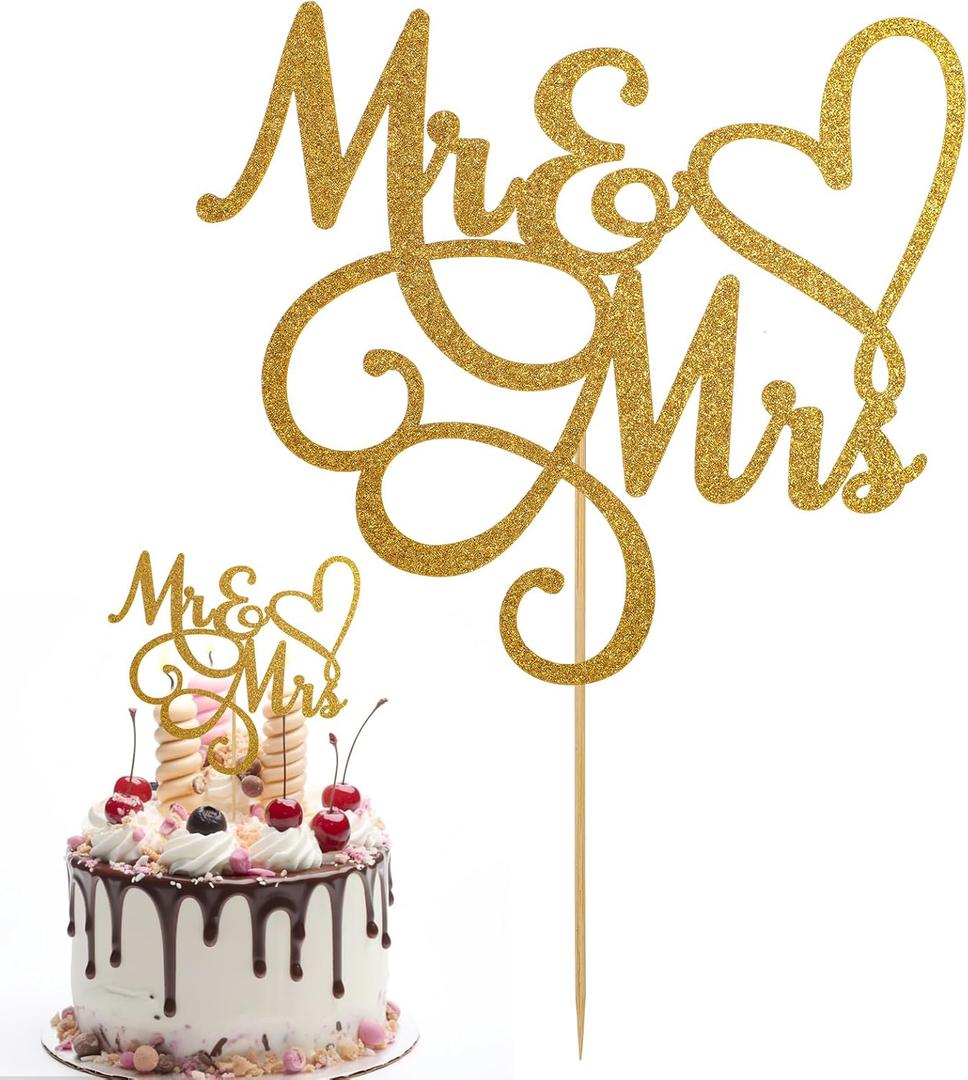 Mr & Mrs Cake Topper Bride and Groom Sign Toppers Gold Glitter Love Cake Decorations for Wedding Engaged Anniversary Letter Cupcake Topper Theme Party Supplies